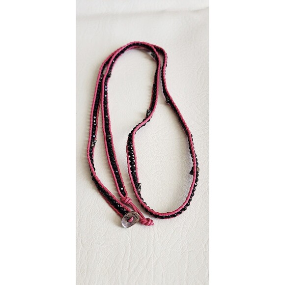 CHAN LUU NWT 5 WRAP PINK LEATHER ONYX NUGGET SKULL BRACELET 32" - Picture 7 of 10